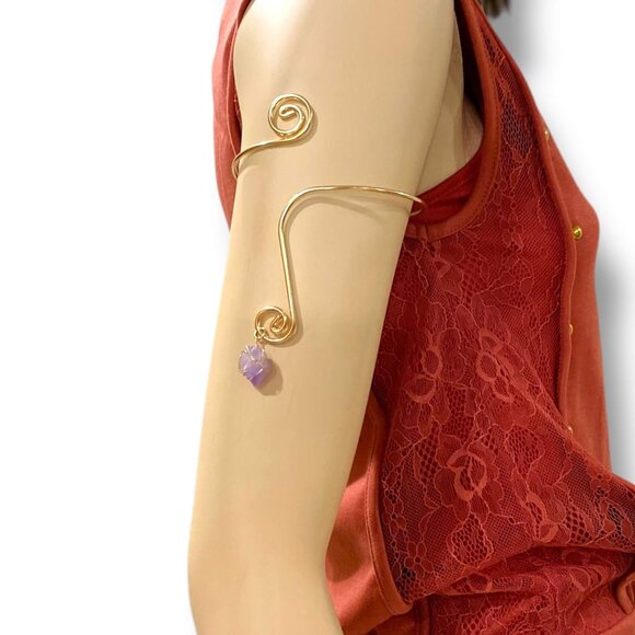 Gold Wire Wrap Upper Arm Cuff Purple Amethyst Stone Bracelet NEW - Picture 2 of 3